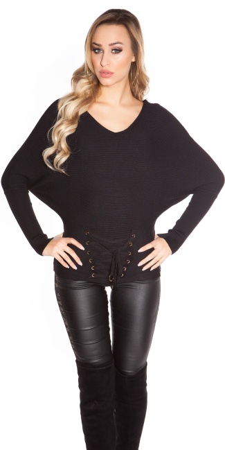 Trendy bat sweater with lacing Black